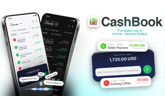 CashBook mobile app showcase: A personal finance management application with a minimalist interface that streamlines income and expense tracking via voice commands and quick text entry, highlighting app UI and key features.